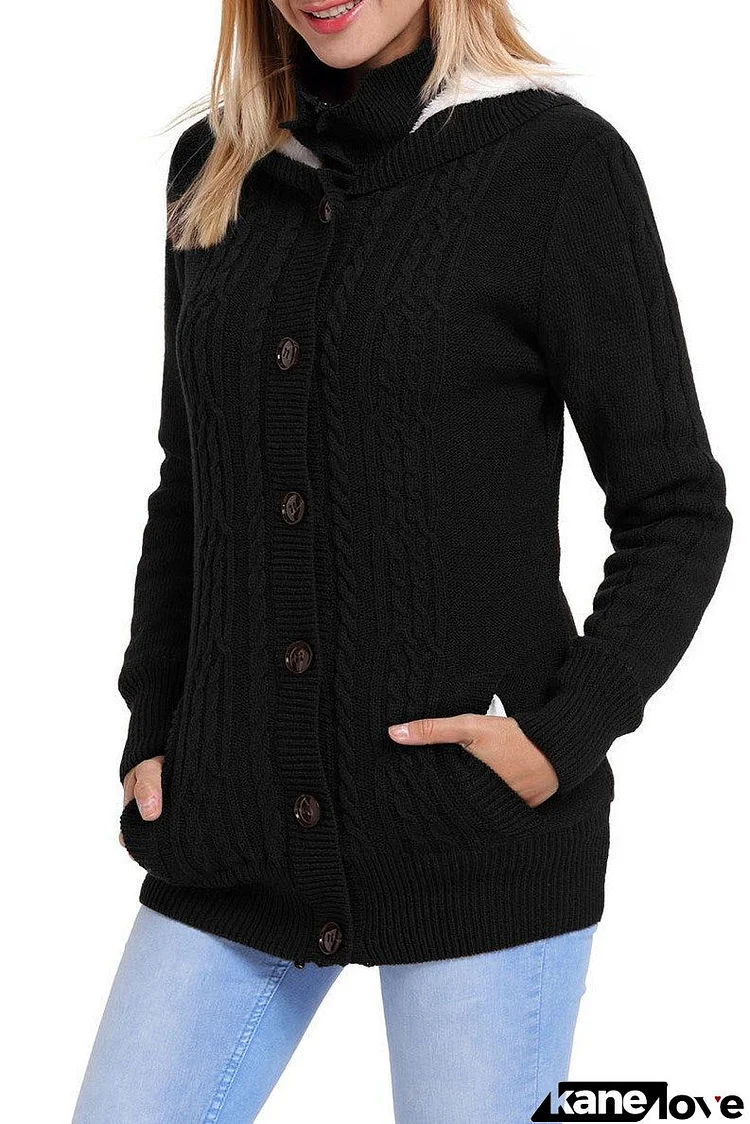 Black Long Sleeve Button-up Hooded Knit Cardigans