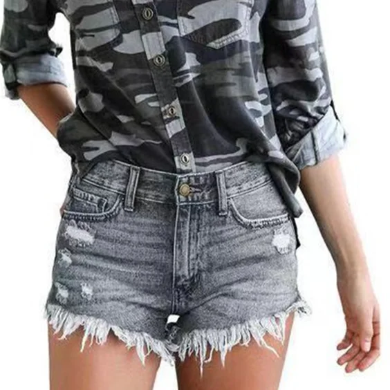Ladies Casual Ripped Finged Shorts Jeans