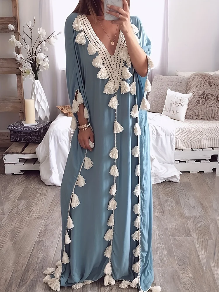 Women's Plus-Size Long Robe | V-Neck Tassel Patchwork Gown Dress | Middle Eastern