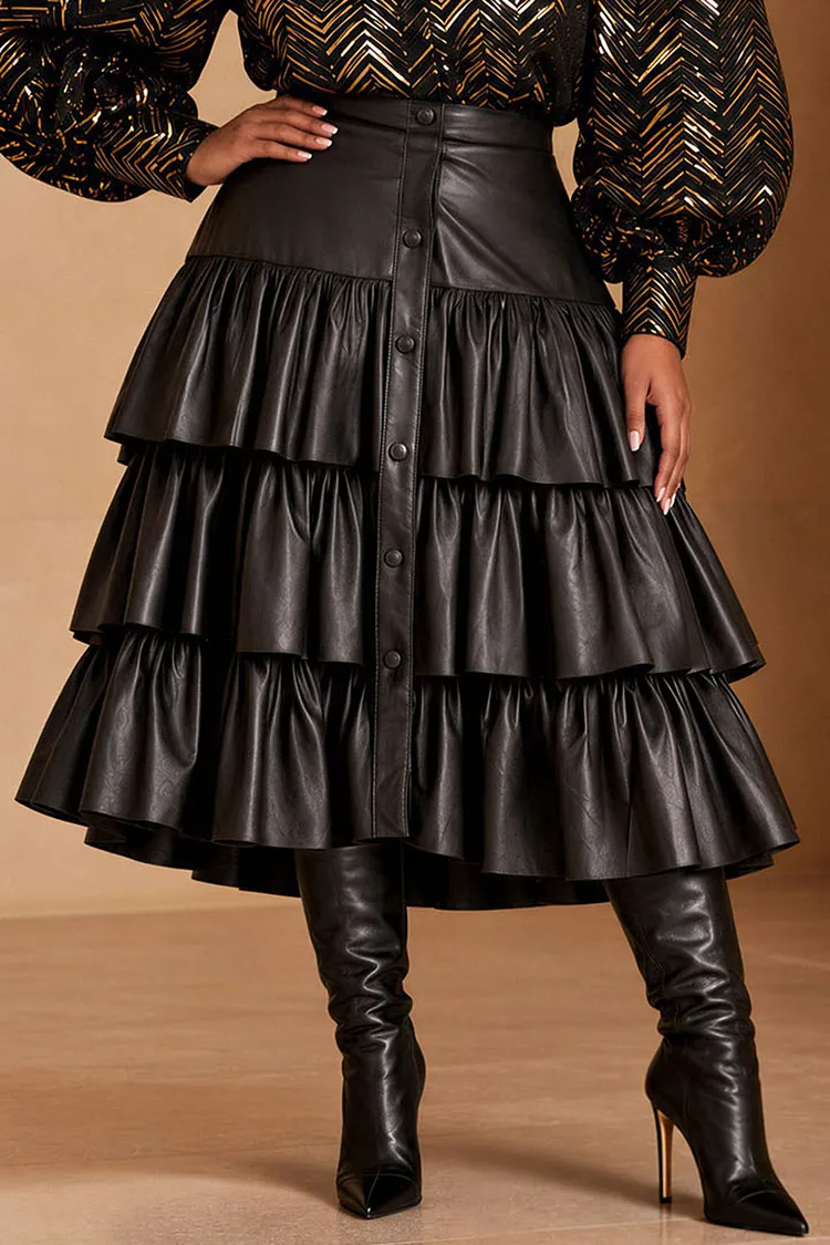 Xpluswear Design Plus Size Business Casual Black Ruffle Tiered PU Leather Skirts [Pre-Order] 2024 - Xpluswear