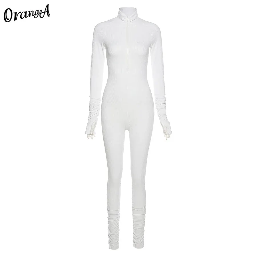 OrangeA Women Ribbed Summer Activewear Skinny Stacked Jumpsuits Zipper Stretchy Turtleneck Fitness Workout Casual Streetwear