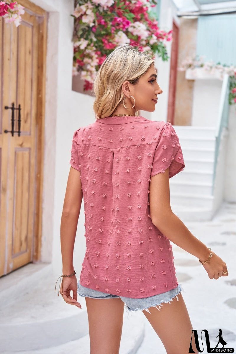 MidiSono - Swiss Dot Petal Sleeve Notched Top