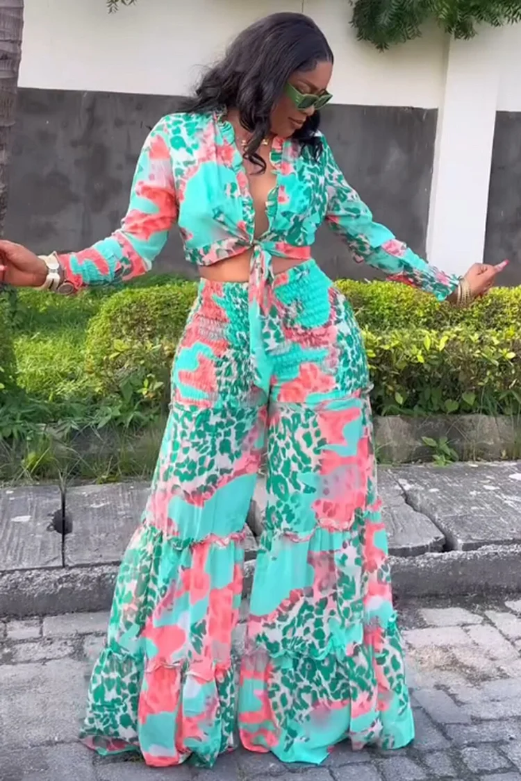 Ruffle Knotted Top Print Flare Leg Pants Vacation 2pcs Set-Cyan [Pre Order]