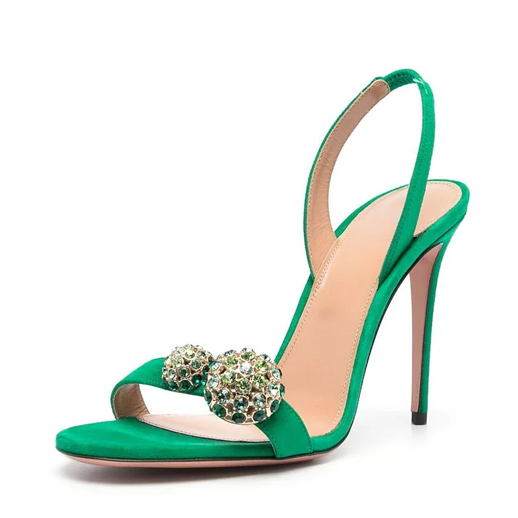Green Vegan Suede Crystal Stiletto Heel Ankle Strap Women's Sandals |FSJ Shoes