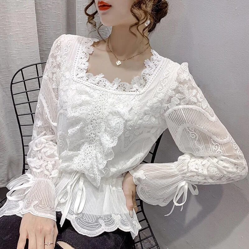 Jangj Fashion Square Collar Thin Blended Shirts Lace Solid Lantern Sleeve Spring Autumn Pullovers Women's Clothing Popularity