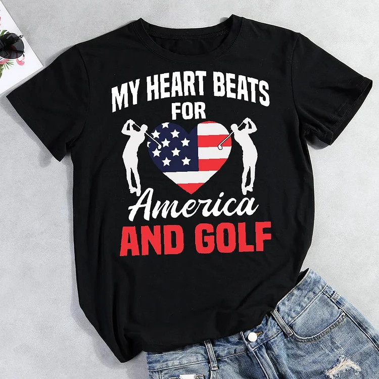 My Heart Beats For America And Golf  Round Neck T-shirt-Annaletters