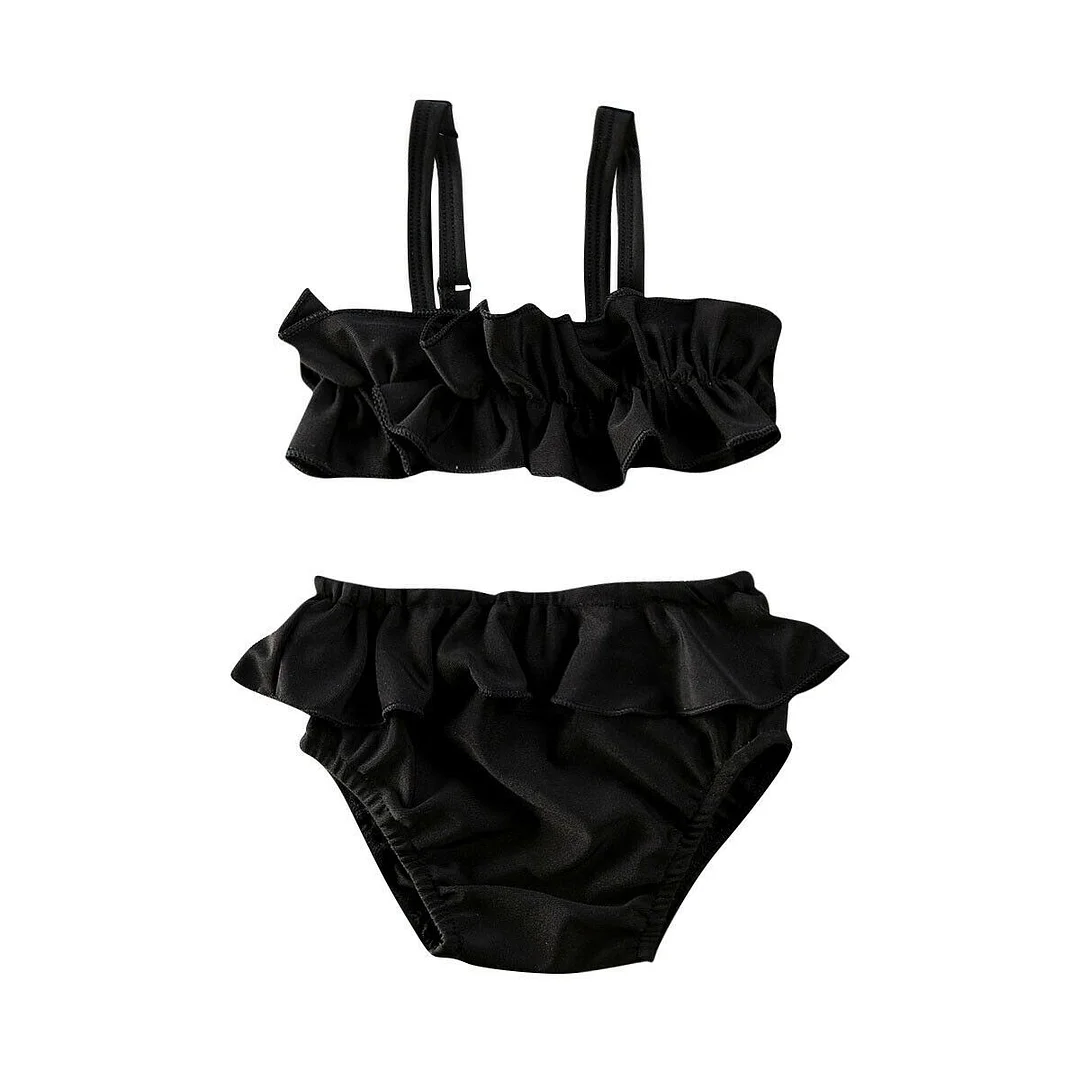 2020 Summer Swimsuit Toddler Baby Girls Ruffle Sling Swimwear Bow Bikini Swimsuit Swimming Ruffled Solid Black 2Pcs Costume
