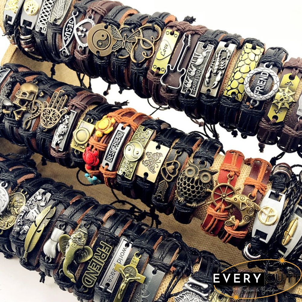 Wholesale 50pcs/Lot Leather Metal Charm Bracelets For Men Vintage Cuff Bracelets For Women Gifts Jewelry Mix Style