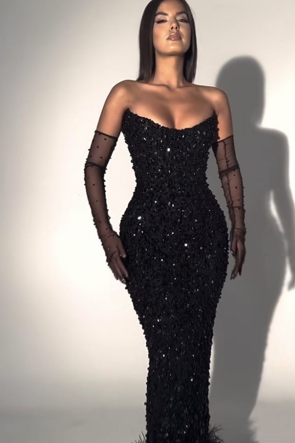 Black Strapless Beaded Prom Dress Sleeveless with Gloves QL0083