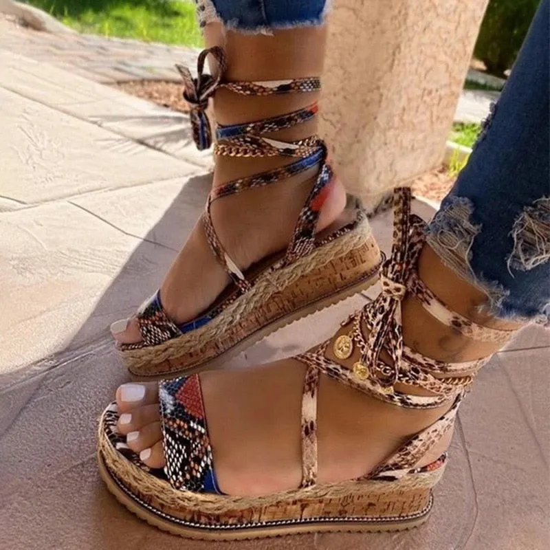 2021summer Women Sandals Ladies Platform Snake Pattern Sandals Open Toe Lace Ankle Cross Strap Slides Beach Outdoor Party Shoes