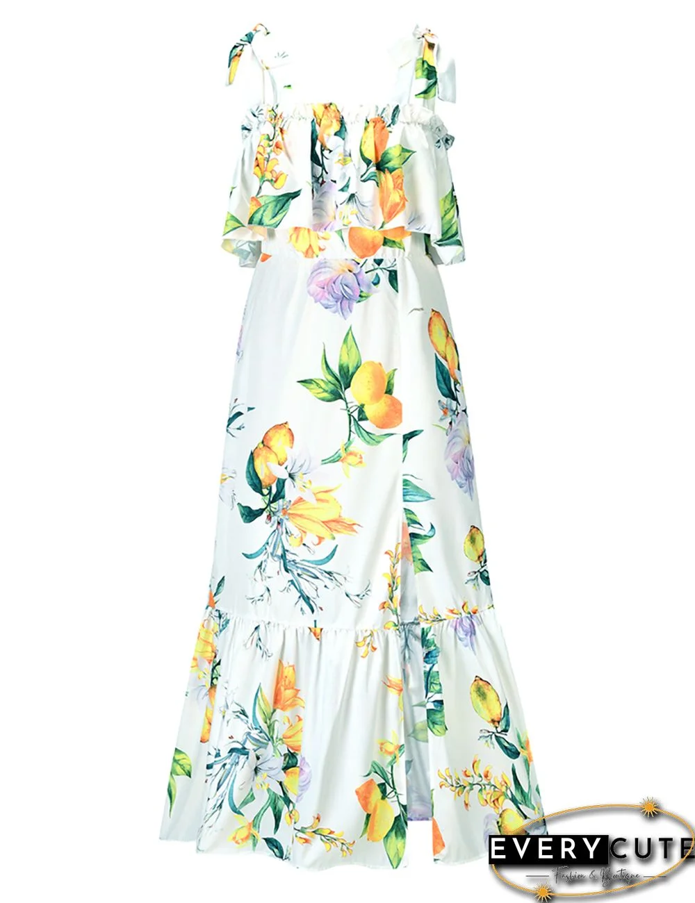 White Floral Print Ruffled Split Maxi Dress
