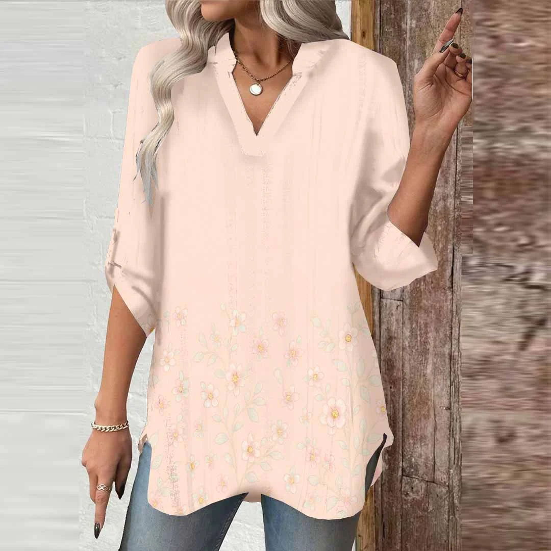 Women Apricot, Floral, Blue DZGA0521 3/4 Sleeve V-neck Printed Graphic Button Tops