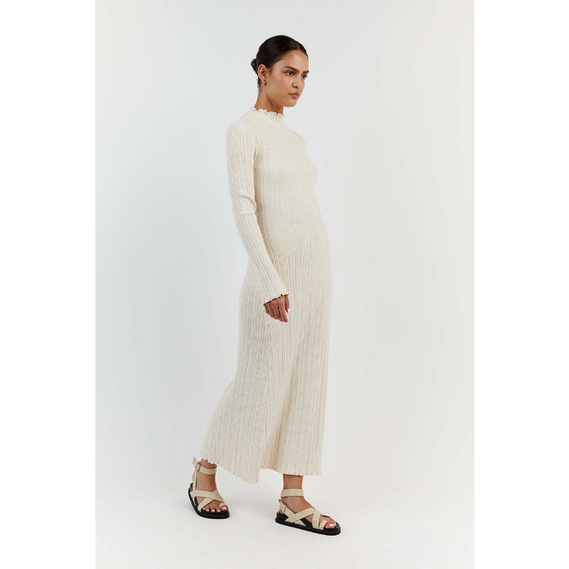 Ootddress Autumn Ruffled Knitwear Long Dress Female Long Sleeve Loose Ribbed High Waist Maxi Dress Streetwear Knit Solid Women Dress