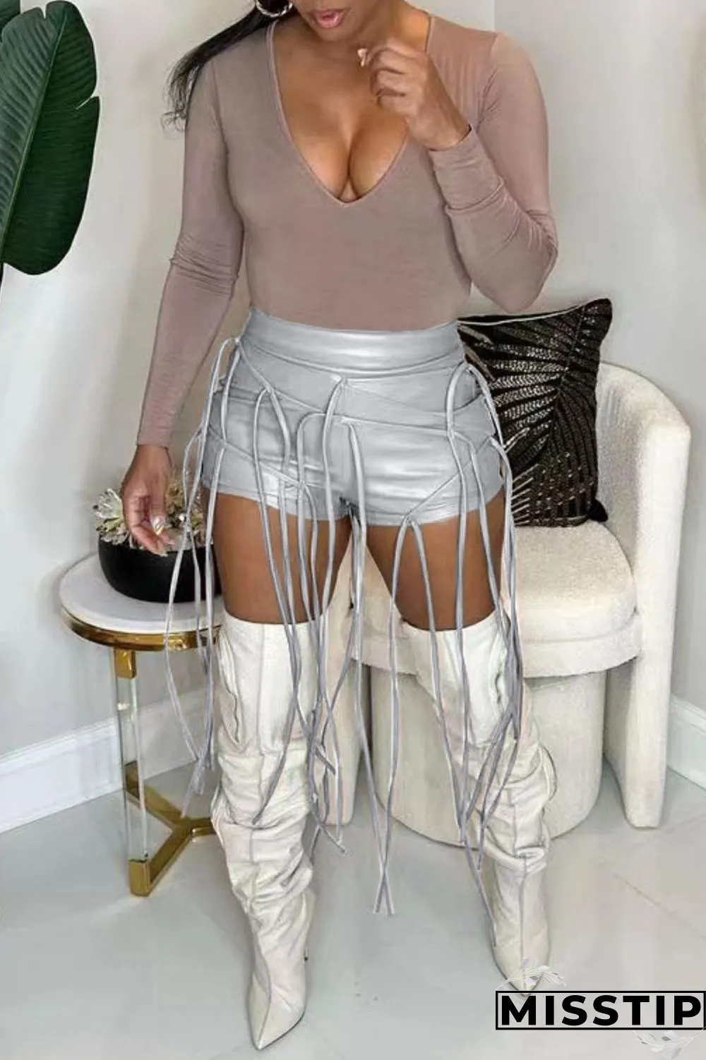 Khaki Casual Solid Patchwork Skinny High Waist Conventional Solid Color Bottoms