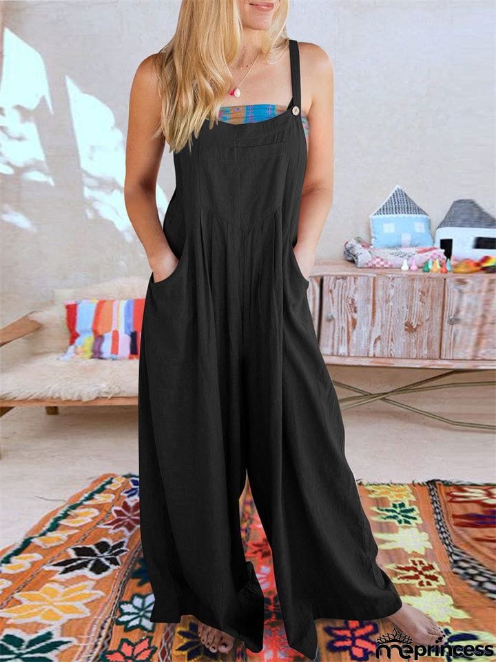 Summer Female Plus Size Solid Color Suspender Jumpsuits with Pockets