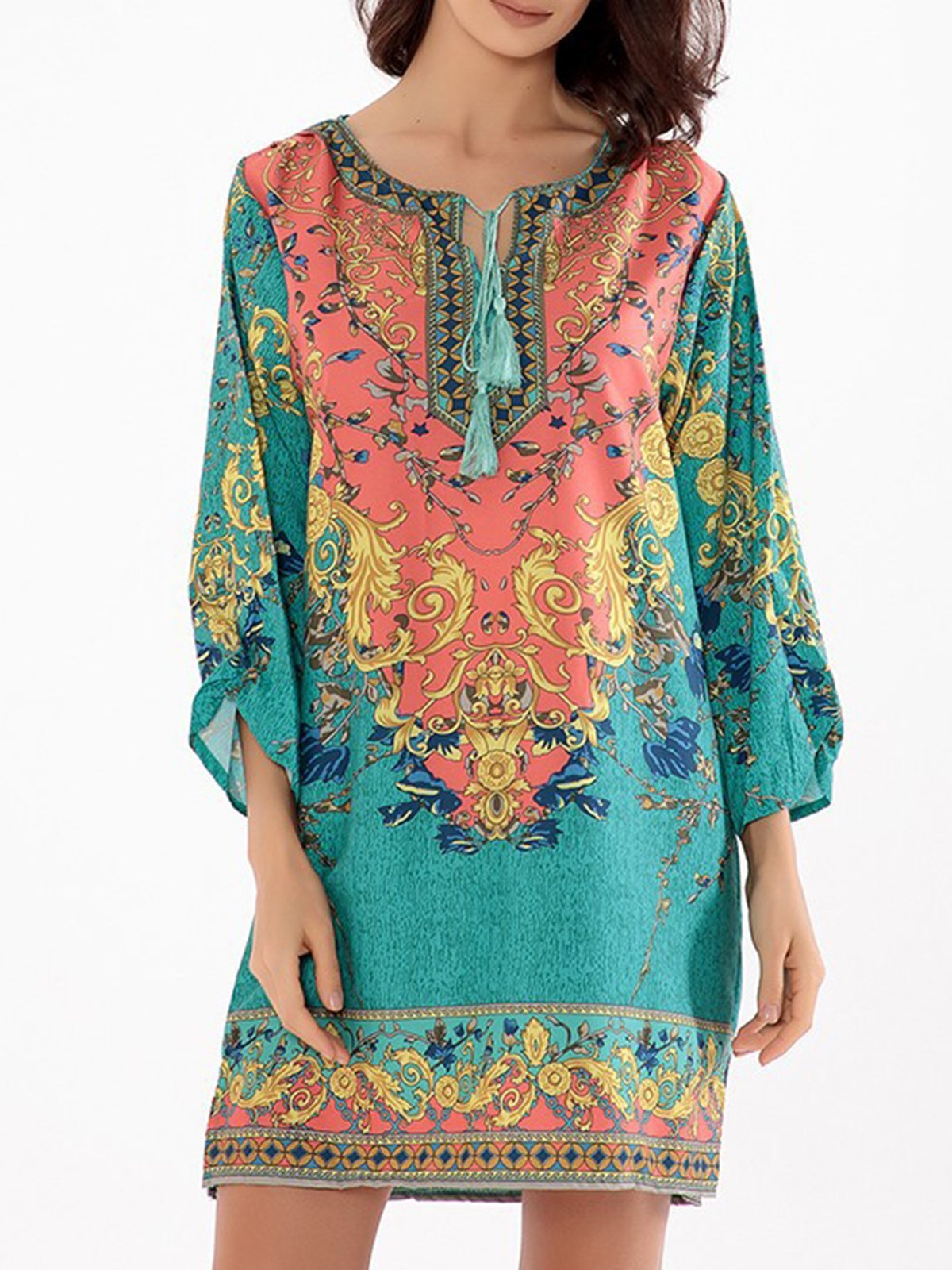 Tribal Boho 3/4 Sleeve Printed Tie-neck Dress