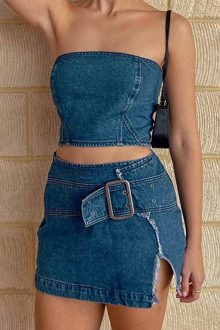 Denim Crop Tube Top Belt Buckle Slit Bodycon Mini Skirt Matching Set-Blue