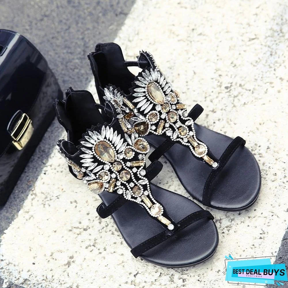 Rhinestone Luxury Diamond Roma Sandal Buckle Strap Flat Sandals