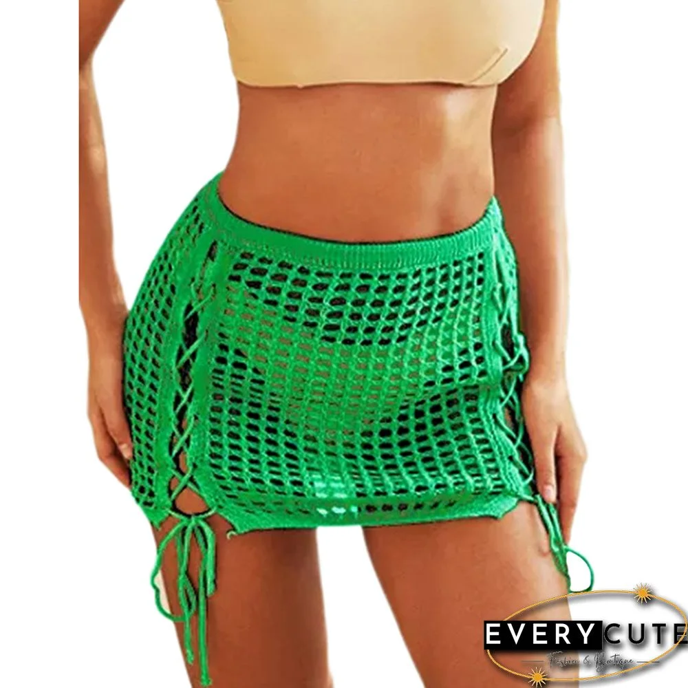 Green Hollow-out Side Drawstring Beachwear Mini Skirt