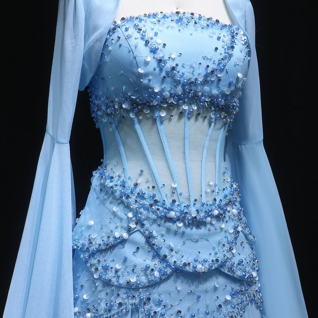 Ovlias Charming Blue Long Sleeveless Squrae Prom Dress Pleated with Sequins JQ0098