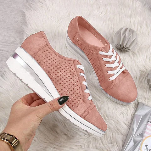 2021 Women Sneakers New Spring Pointed Toe Mesh Canvas Sneakers Casual Breathable Platform Wedge Shoes Meddle Heel Pump Shoes