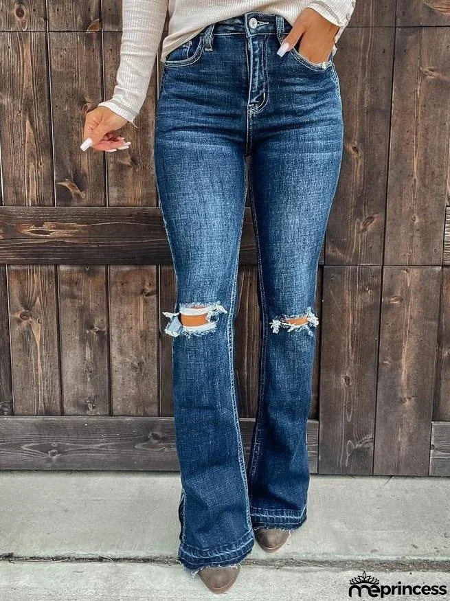 Women's Jeans Ripped High-Rise Split Bootcut Jeans