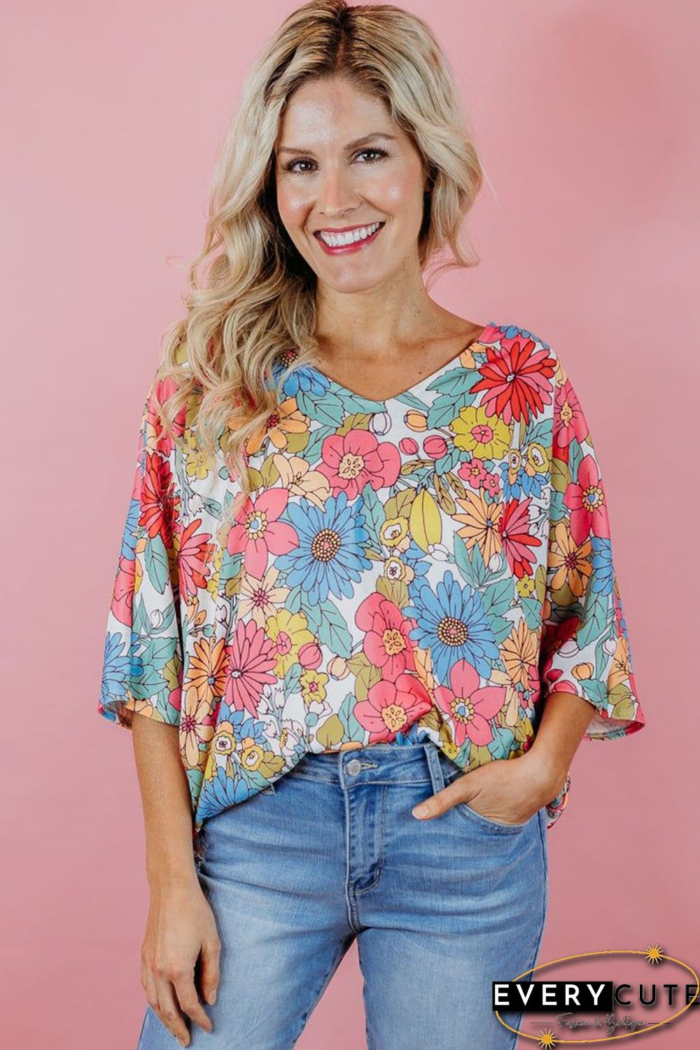 Multicolor Floral Print V Neck Half Sleeve Blouse