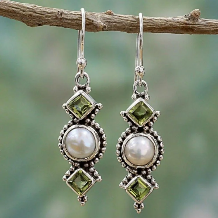 Olivenorma Vintage Thai Silver Pearl Emerald Earrings