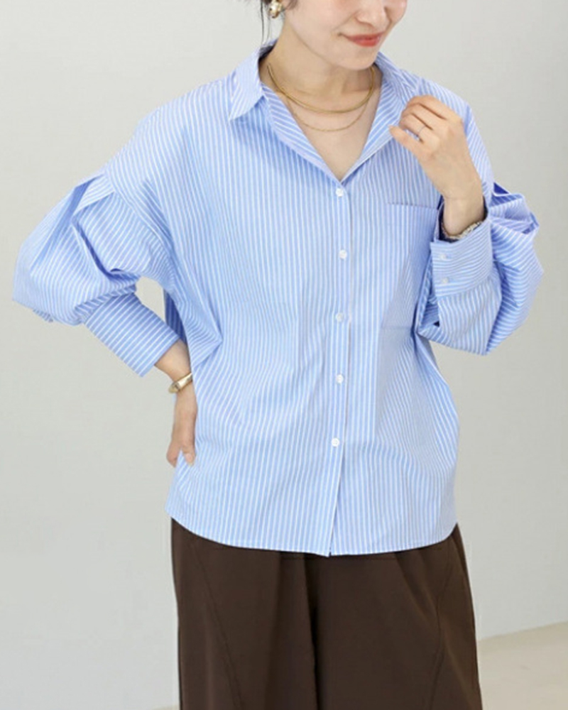 Striped Single Breasted Lapel Puffed Sleeve Shirt