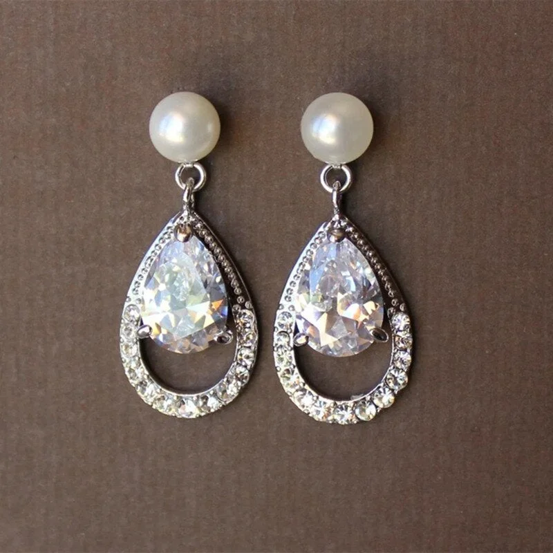 Fashion Round Pearl Earrings Classic Fashion Silver Plated Inlaid Princess Cut Drop Shape Zirconia Crystal Earrings