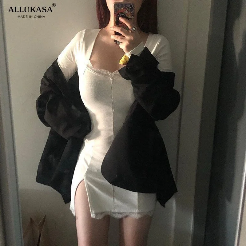 Dress Women Women Winter 2020 New Arrivals Sexy Long Sleeve Square Neck Lace Split Black White Solid Party Dresses Vestidos