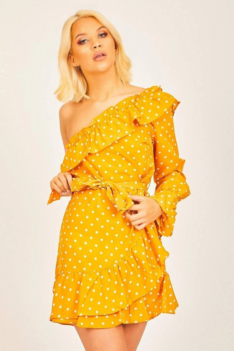 Yellow Polka Dot One Shoulder Frill Dress Katch Me