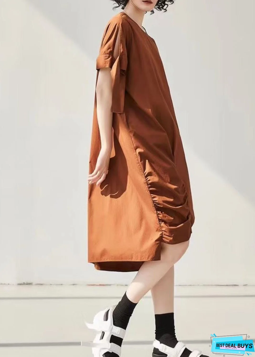 Vintage Caramel Asymmetrical Wrinkled Cotton Holiday Dress Short Sleeve