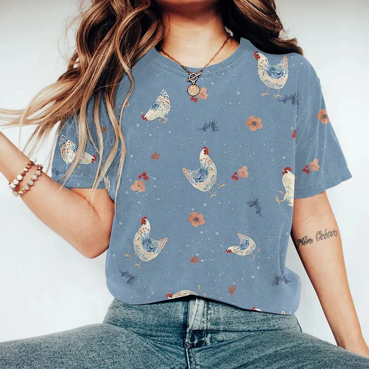 Vintage Cute Farm Chicken Round Neck Casual T Shirt