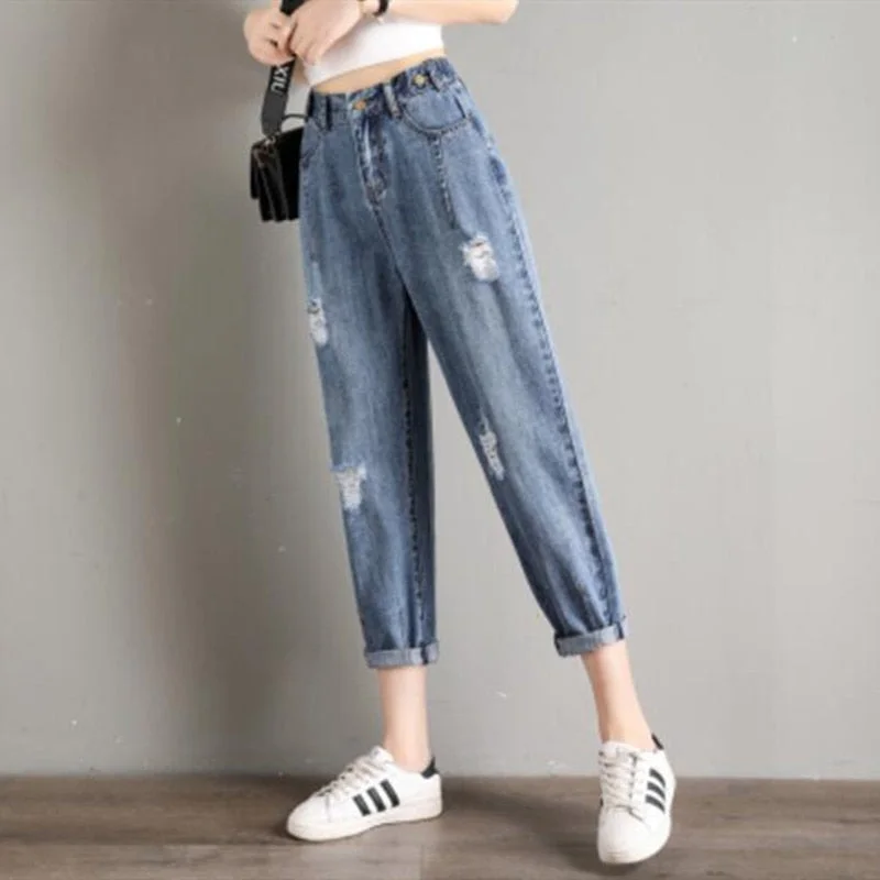 Woman Jeans High Waist Ripped Jeans 2020 Spring Summer For Clothes Wide Leg Denim Clothing Blue Streetwear Fashion Vintage Pants