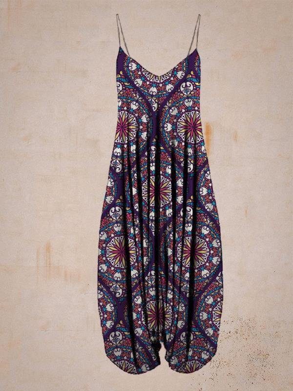 Printed Suspenders Beach Loose Jumpsuit