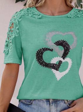 Women Short Sleeve Scoop Neck Graphic Stitching Tops