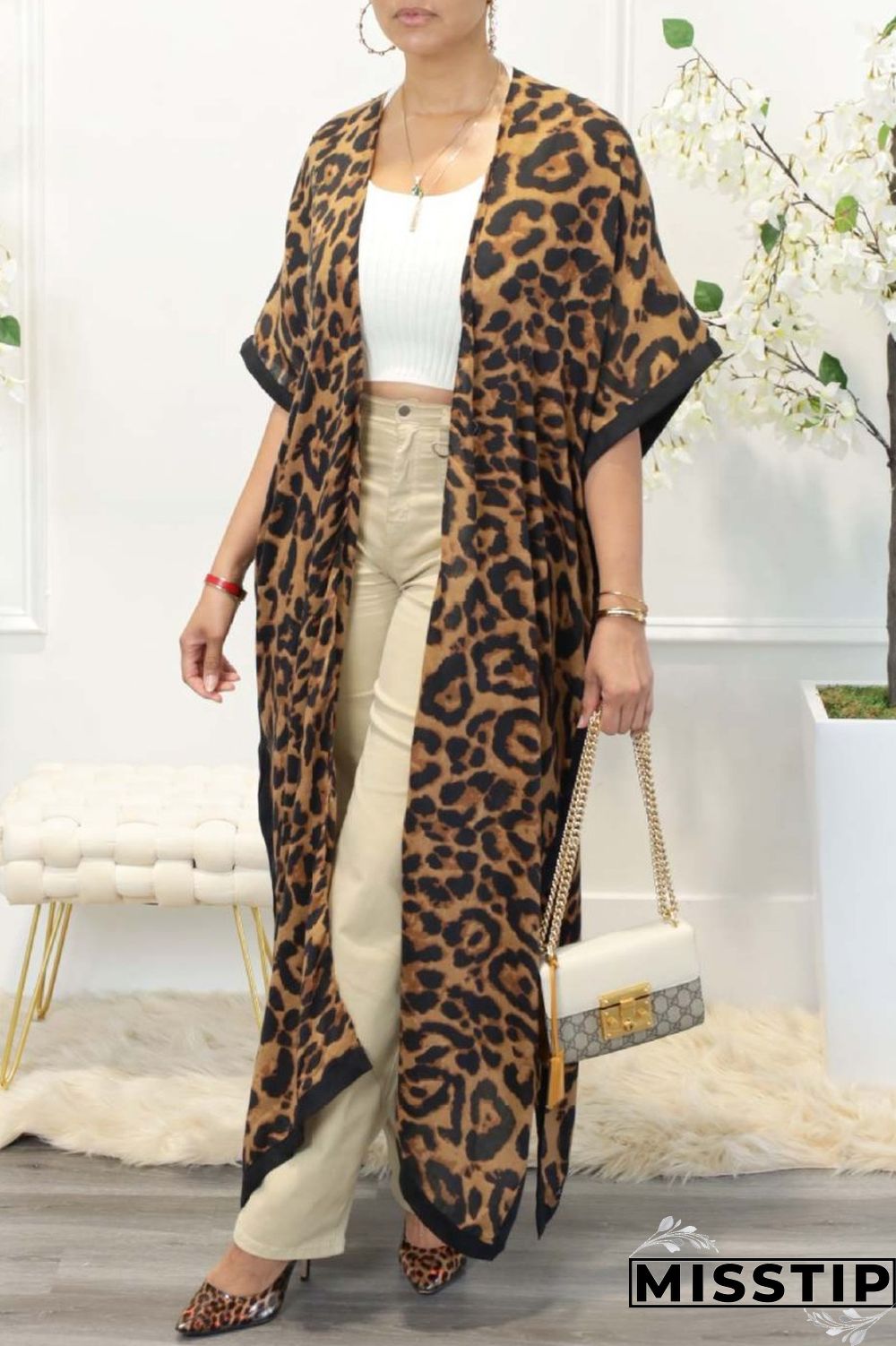 White Casual Print Leopard Patchwork Cardigan Outerwear