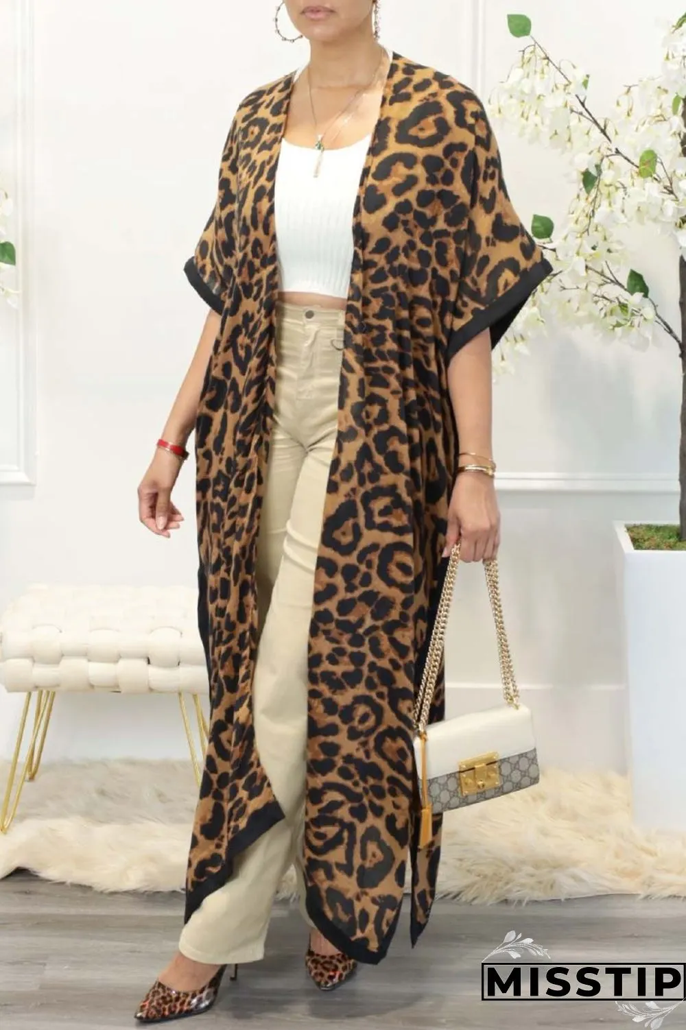 White Casual Print Leopard Patchwork Cardigan Outerwear