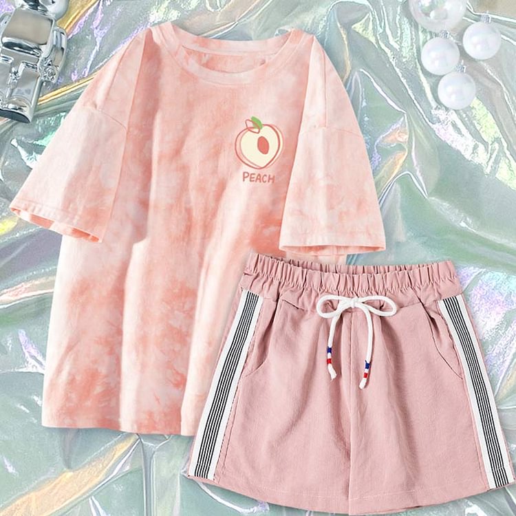 Tie-dye Peach Grape Print T-Shirt Shorts Set - Modakawa modakawa