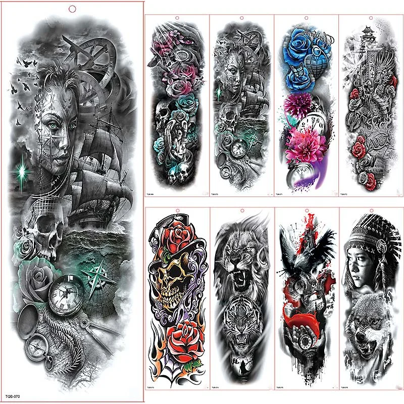 Large Arm Sleeve Tattoo Waterproof Temporary Tattoo Sticker Clock Rose Full Flower Tatoo Body Art Tattoo Girl