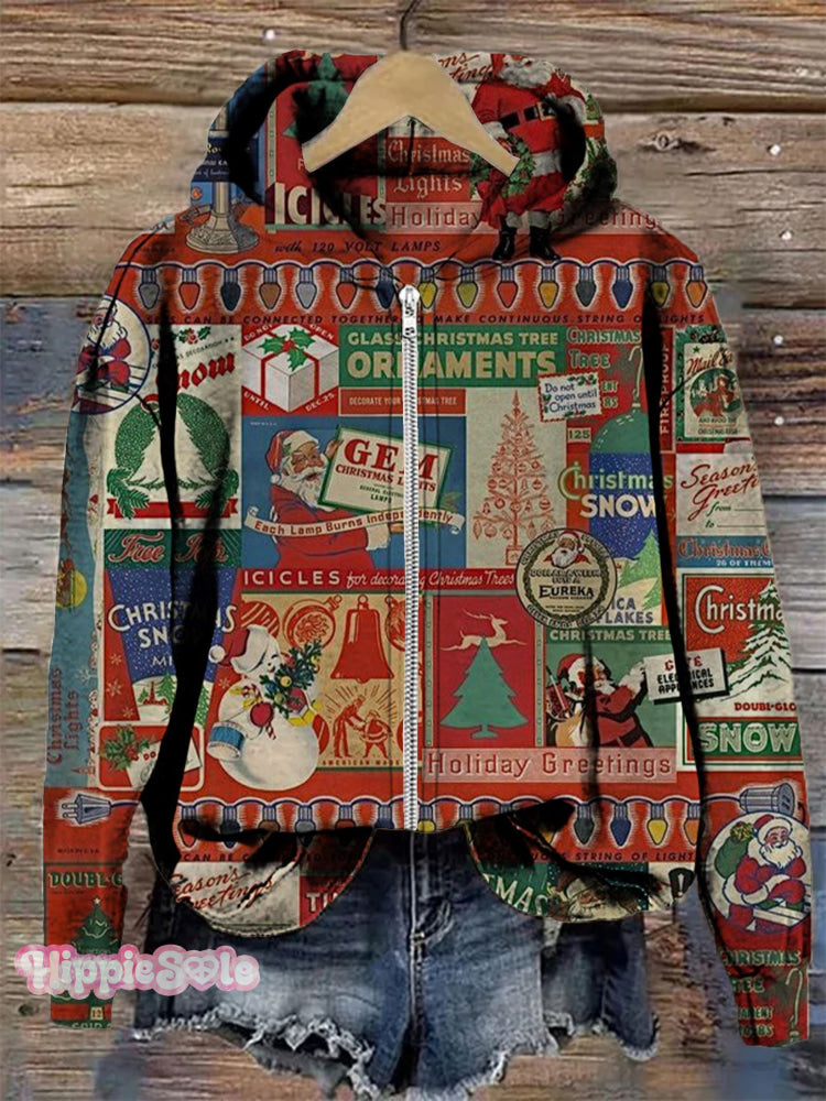 Christmas Art Print Casual Zip-Up Hoodie Multicolor / S