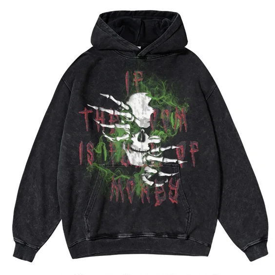 Sopula Vintage Skull Letter Print Graphic Acid Wash Pullover Hoodie