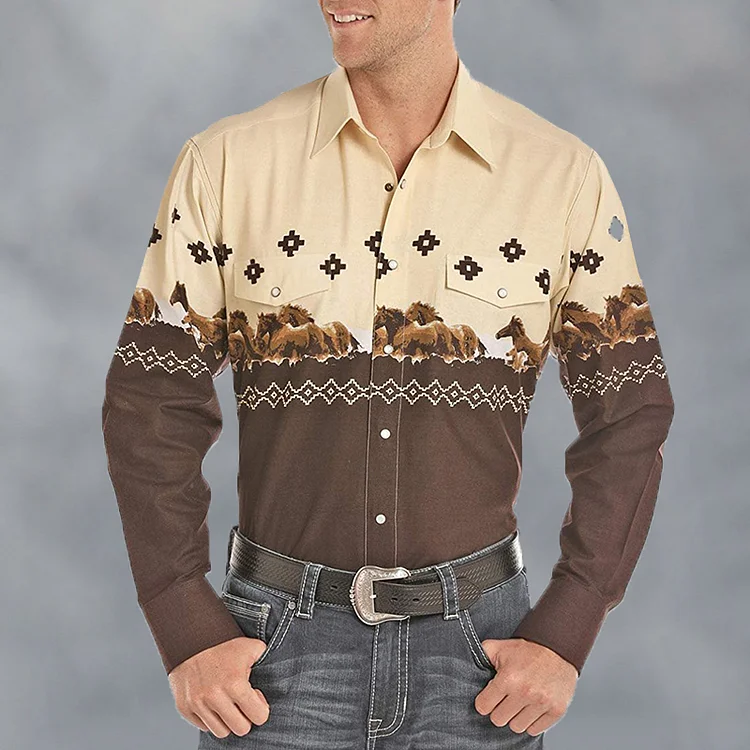 Men's fashion casual retro western style printing shirt