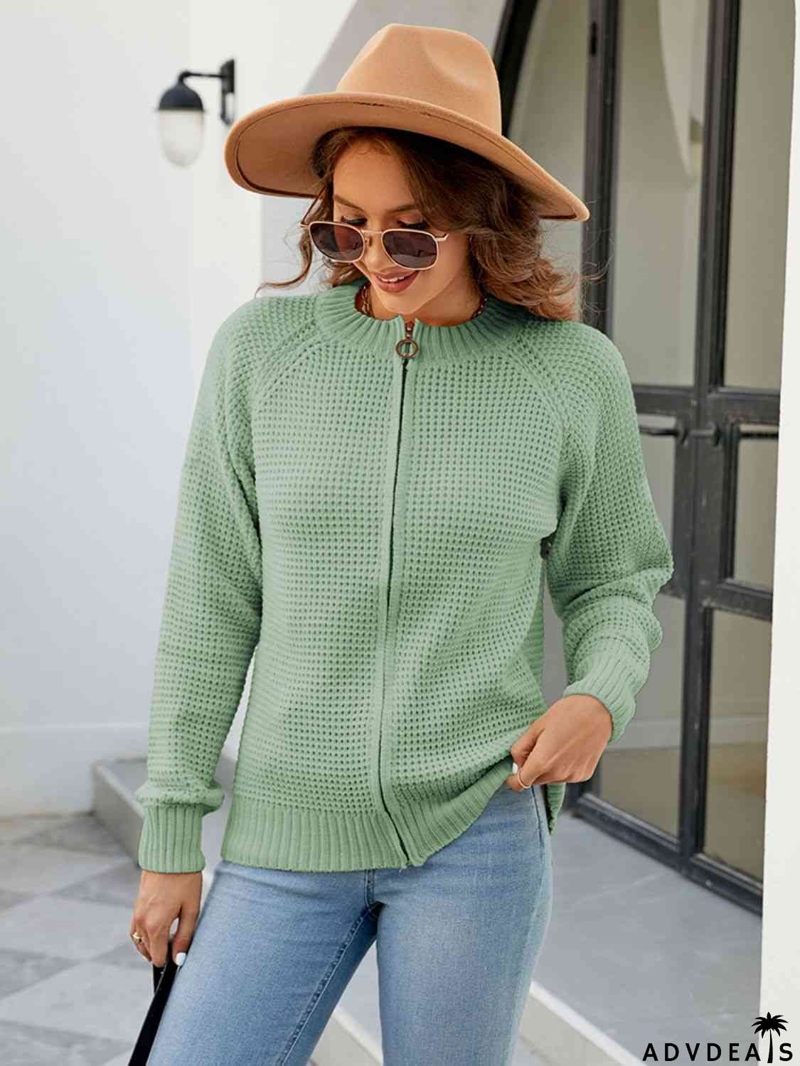 Zip-Up Round Neck Cardigan