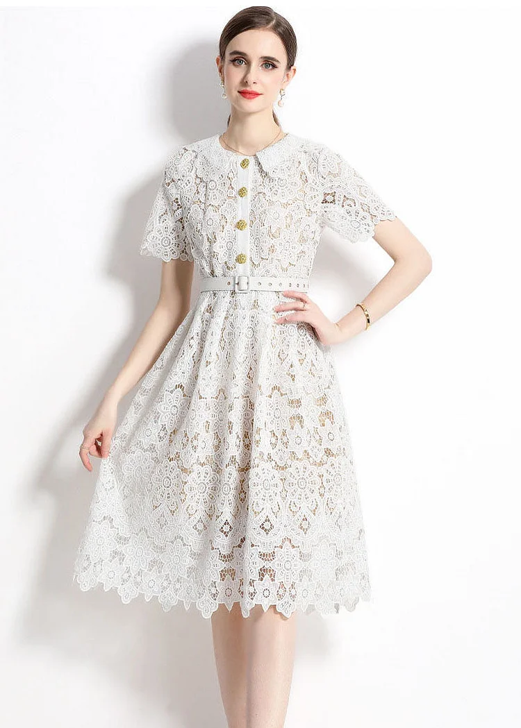 Classy White Hollow Out Embroideried Sashes Lace Dress Summer