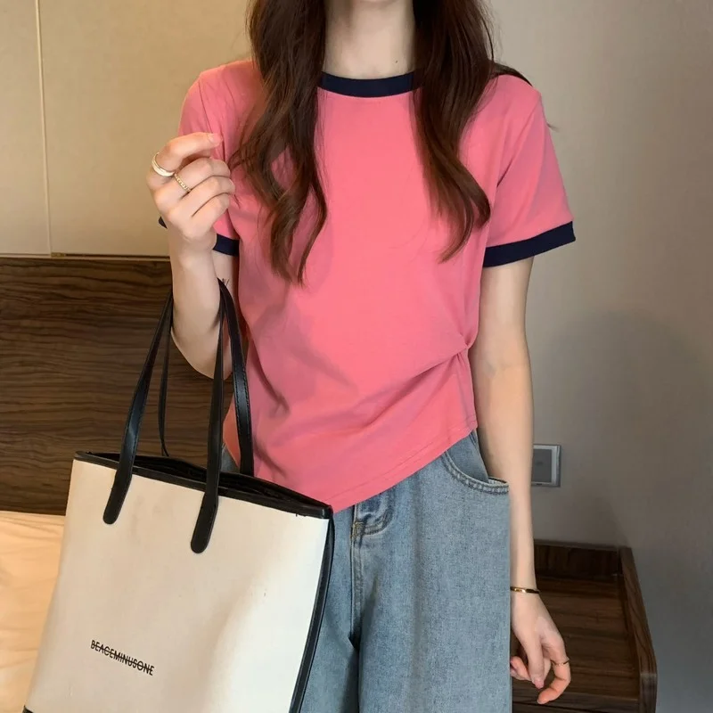 Uveng Uveng Female 2024 New Summer Design Sense Contrast Color T-Shirt Fashion Chic Irregular Short Student Jacket