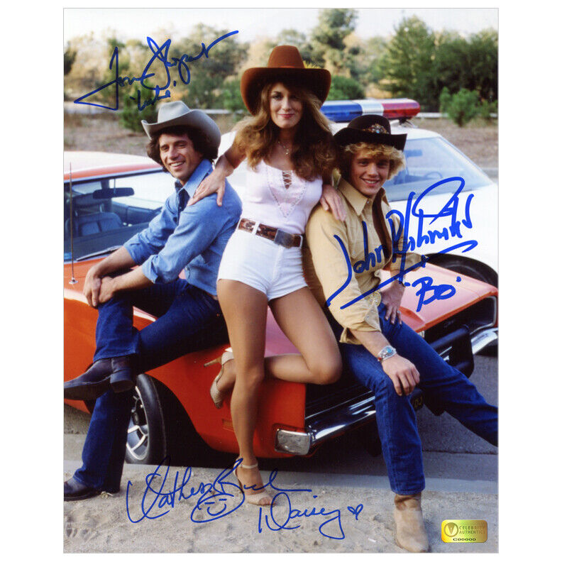 John Schneider, Tom Wopat Catherine Bach Autographed Dukes of Hazzard 8x10 Photo Poster painting