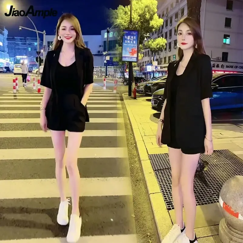 Uveng Women's Summer Suit 2023 New Casual Suit Jacket Shorts Two Piece Korean Fashion Elegant Blazers Pants Set Female Trouser Clothes