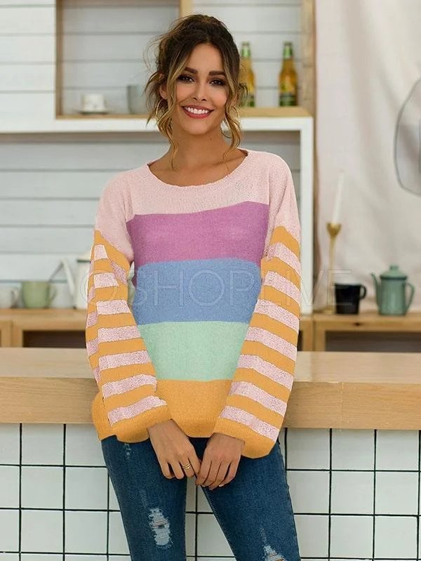 Striped Color-Block Split-Joint Knitting Sweater